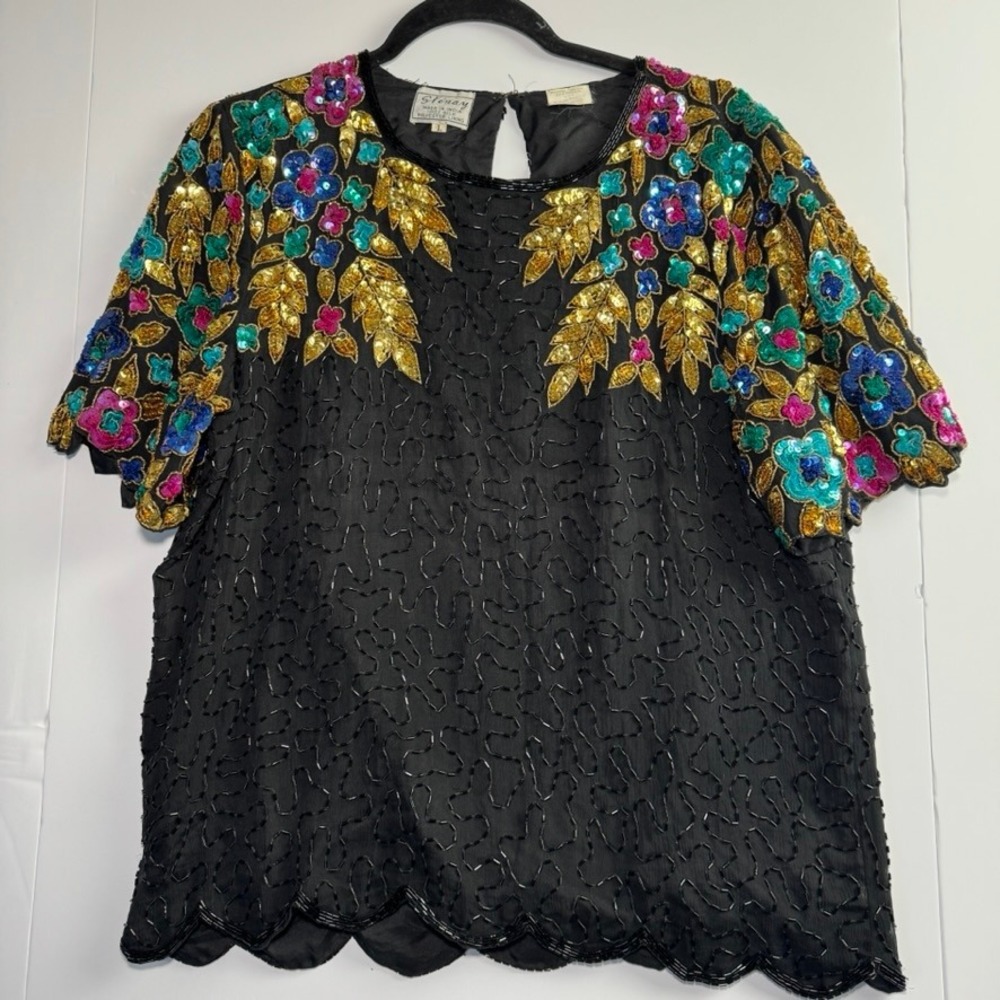 Stenay Vintage Silk Beaded Sequin Floral Blouse Black Gold Evening Top Large